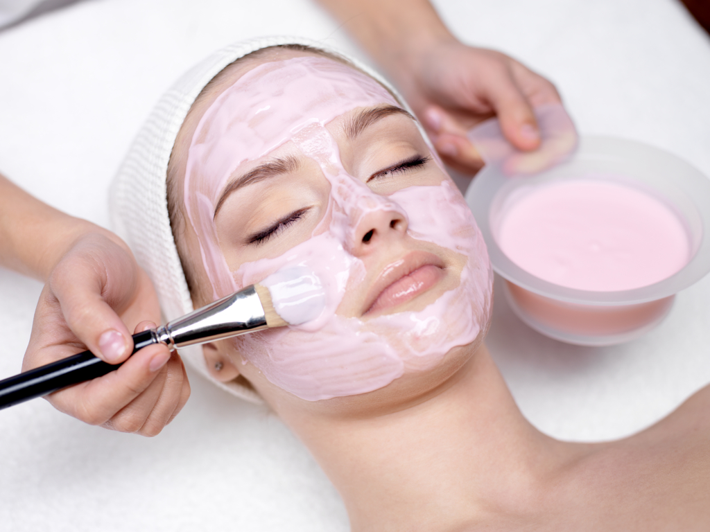 salon pink in diy mask face mask spa acne  Young girl beauty  receiving beautiful for facial
