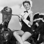 Happy Thanksgiving 1950s woman on turkey