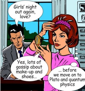 GIrls Night Out Cartoon Gossip Makeup Shoes Plato Quantum Physics