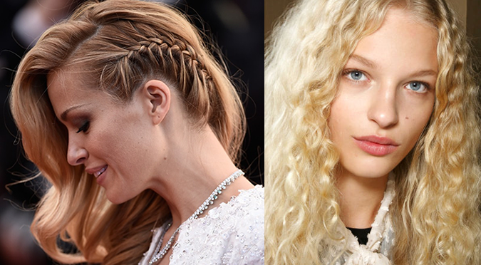 blonde models with side braid and curly hair trends
