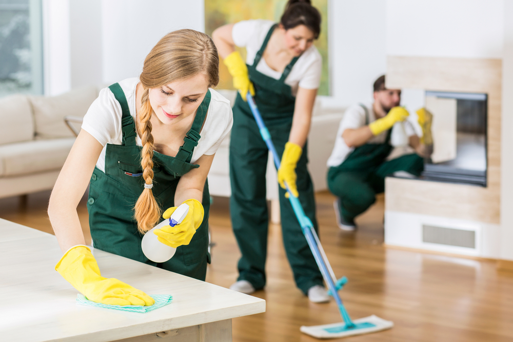 Woman with Side Braid in Green Overalls and Yellow Rubber Gloves Cleaning Home Fast