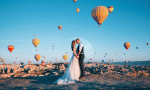 Hot air balloons on wedding day bride groom