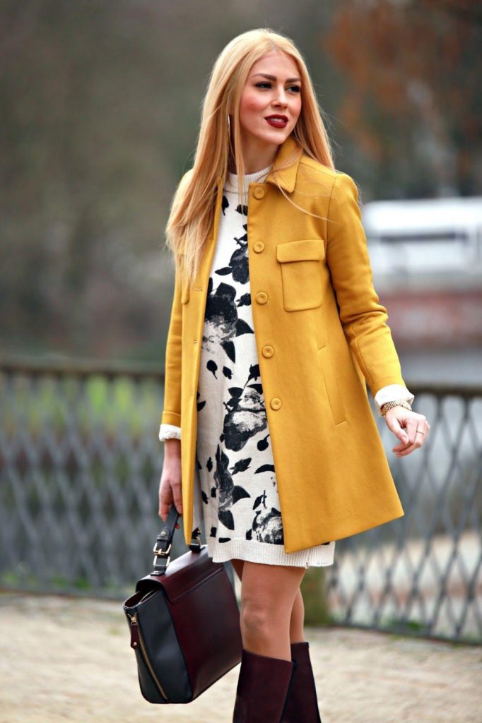 yellow blazer coat with dress blonde
