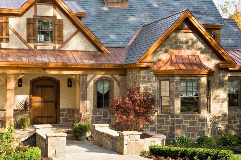 gable-roof-ideas stone fascia wood finish