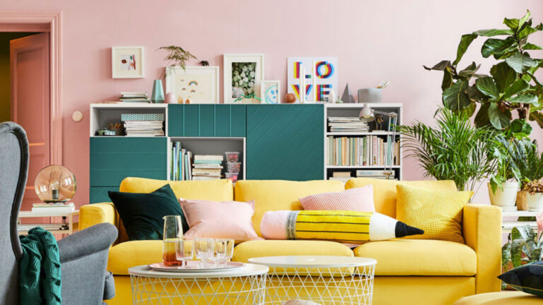 condo living room gen-z-yellow couch contemporary colorful