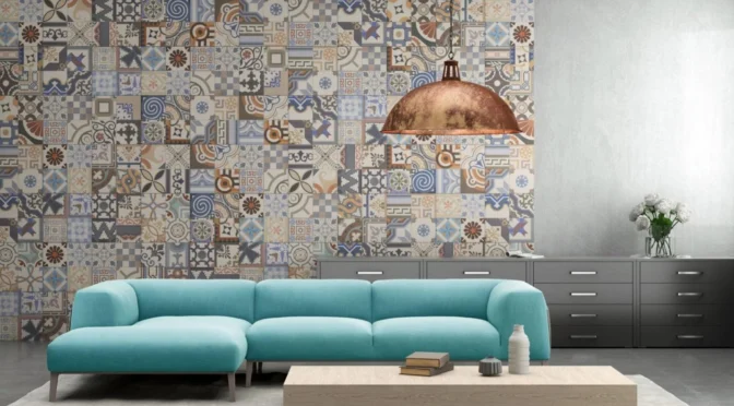 eclectic living room wallpaper bohemian maximalism aqua couch hanging copper light