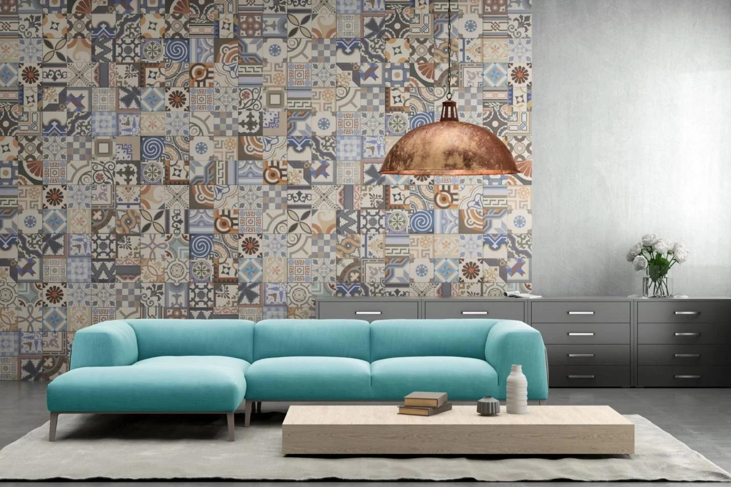 eclectic living room wallpaper bohemian maximalism aqua couch hanging copper light