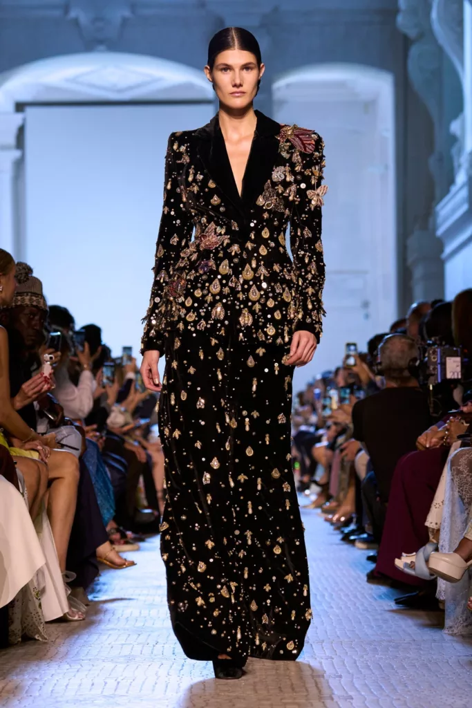 Elie Saab Fall 2023 Couture Model in Black Flowered Suit-Dress