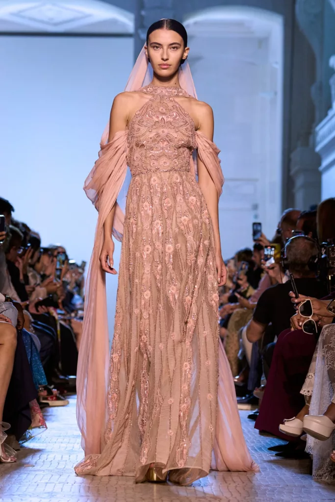 Couture Model in Veil and Pink Embroidered Dress