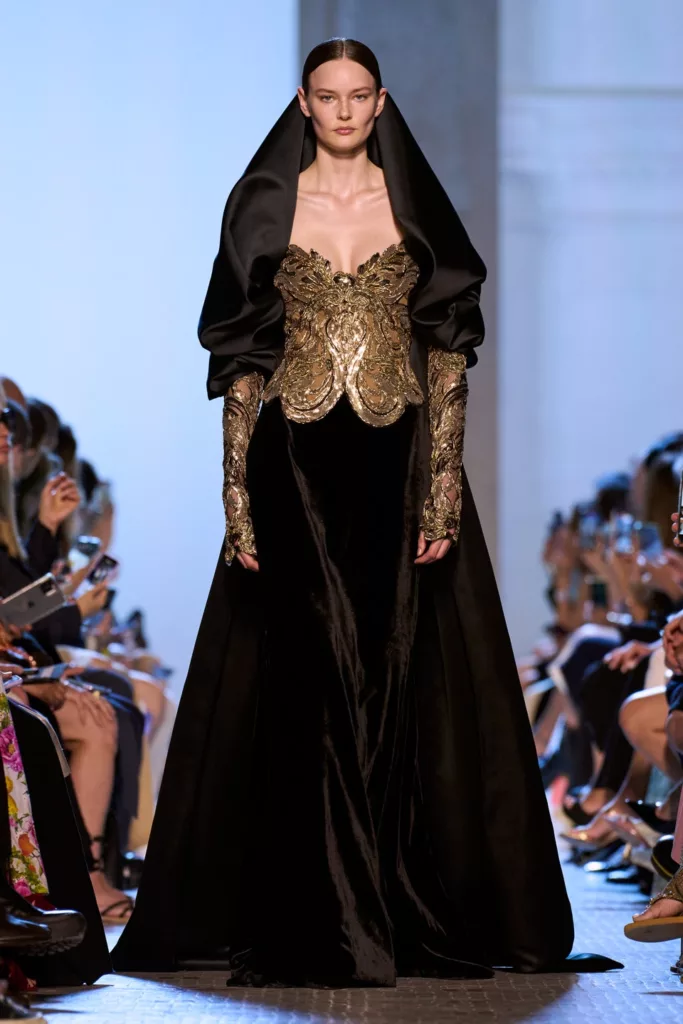 Elie Saab Fall 2023 Couture Model in Veil and Black Dress