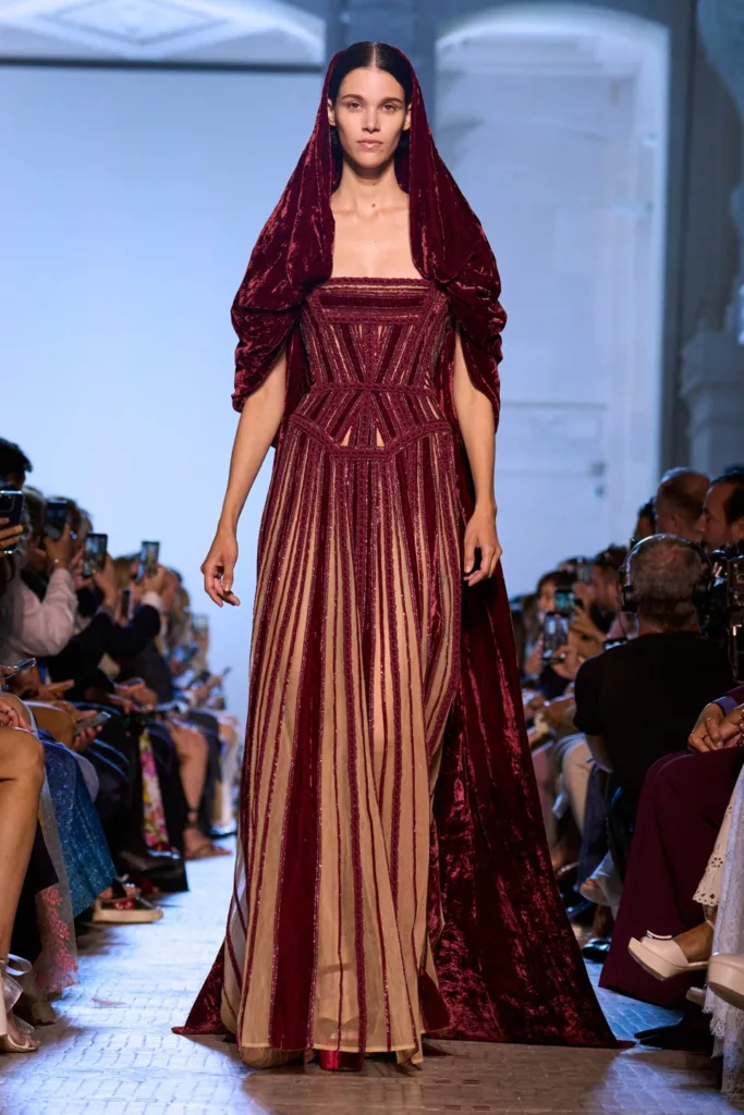 Elie Saab Fall 2023 Couture Model in Veil and Red Dress